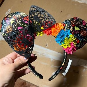 Disney Parks Mickey Ears Pixars Coco Dia de los Muertos themed. Black lace bow